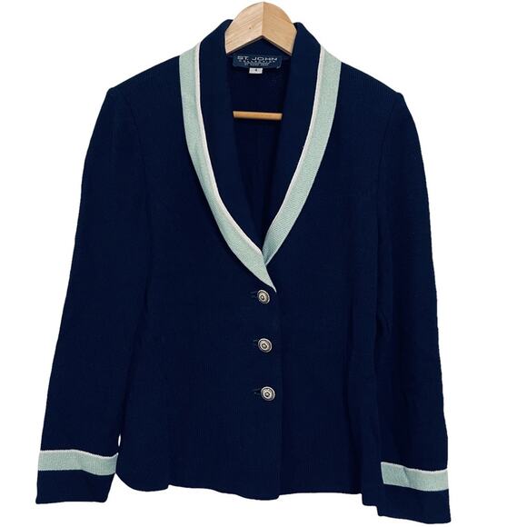 St. John By Marie Gray Santana Knit Shawl Collar Jacket Blazer Navy Size 4 - Picture 1 of 8